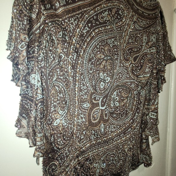 CARMEN MARC VALVO Silk Beaded Blouse Women's 10 Brown Blue Draped Neck Lined - Picture 9 of 15